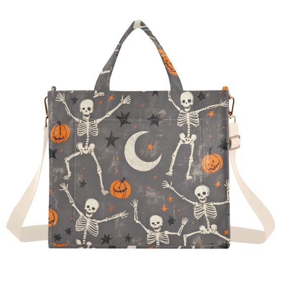 FORMRS Womens Corduroy Tote Bag Crossbody Shoulder Handbag with Pocket, Gray Halloween Skeleton