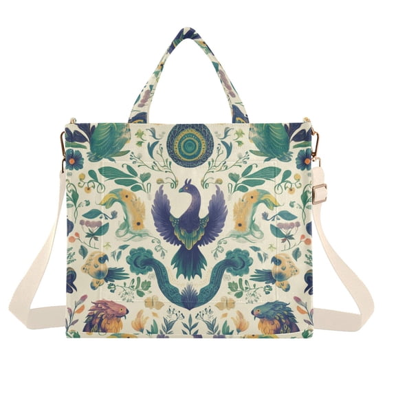 FORMRS Womens Corduroy Tote Bag Crossbody Shoulder Handbag with Pocket, Green Animals Pattern