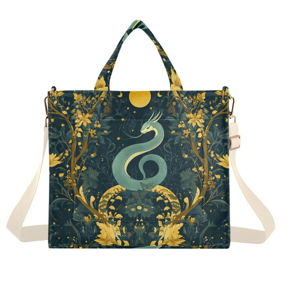 FORMRS Womens Corduroy Tote Bag Crossbody Shoulder Handbag with Pocket, Green Celestial Serpent