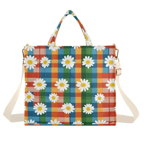 FORMRS Womens Corduroy Tote Bag Crossbody Shoulder Handbag with Pocket, Green Checkered Daisy