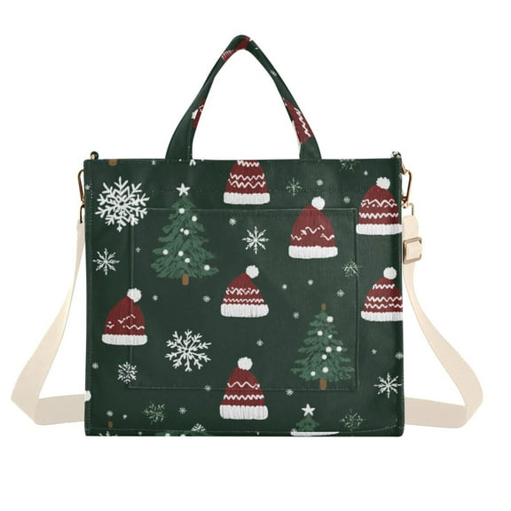 FORMRS Womens Corduroy Tote Bag Crossbody Shoulder Handbag with Pocket, Green Christmas Hats