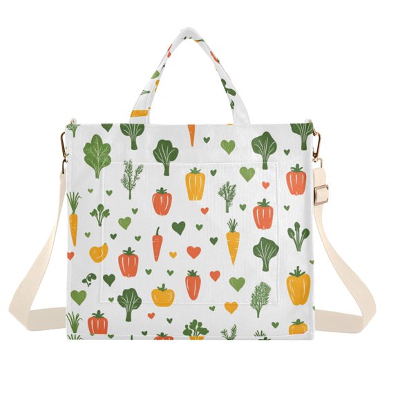 FORMRS Womens Corduroy Tote Bag Crossbody Shoulder Handbag with Pocket, Green Cute Vegetables