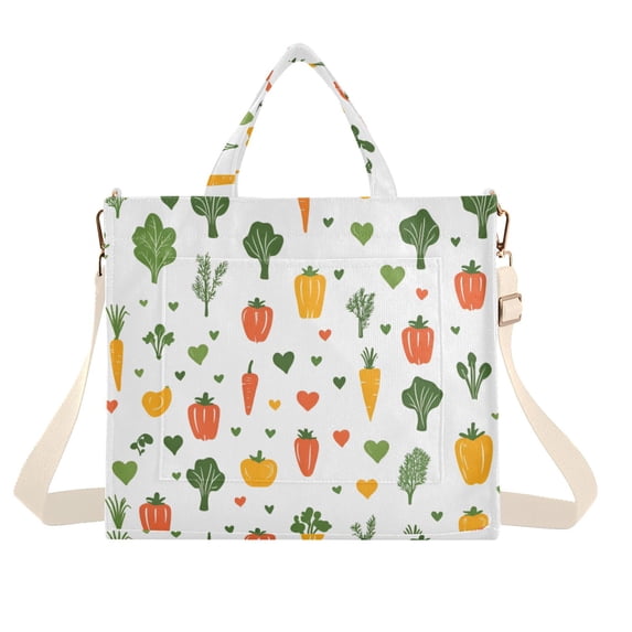 FORMRS Womens Corduroy Tote Bag Crossbody Shoulder Handbag with Pocket, Green Cute Vegetables