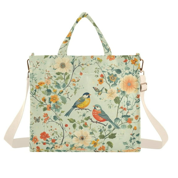 FORMRS Womens Corduroy Tote Bag Crossbody Shoulder Handbag with Pocket, Green Floral Pattern