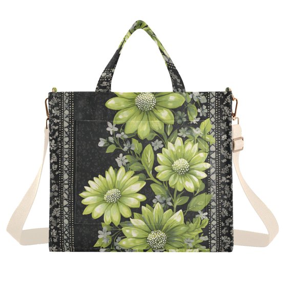 FORMRS Womens Corduroy Tote Bag Crossbody Shoulder Handbag with Pocket, Green Flowers