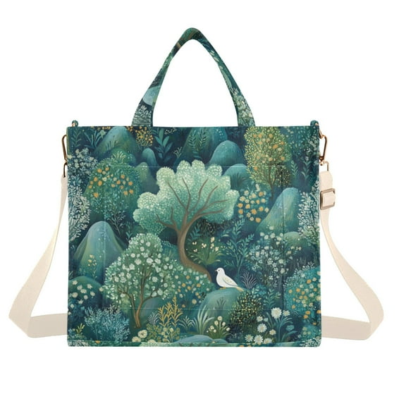 FORMRS Womens Corduroy Tote Bag Crossbody Shoulder Handbag with Pocket, Green Forest Pattern