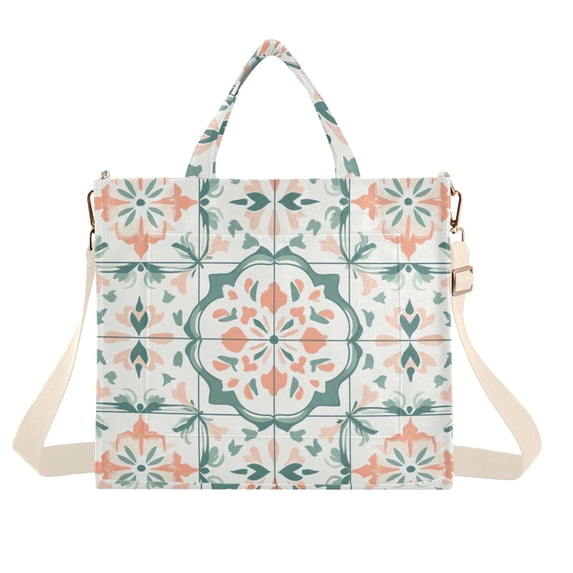 FORMRS Womens Corduroy Tote Bag Crossbody Shoulder Handbag with Pocket, Green Geometric Pattern