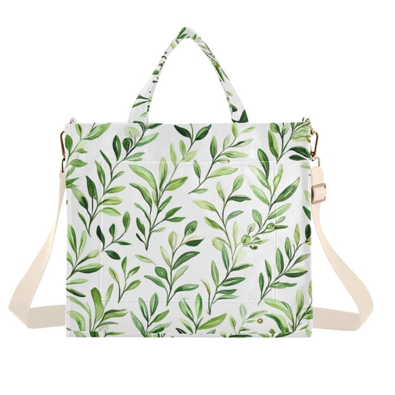 FORMRS Womens Corduroy Tote Bag Crossbody Shoulder Handbag with Pocket, Green Leafy Pattern