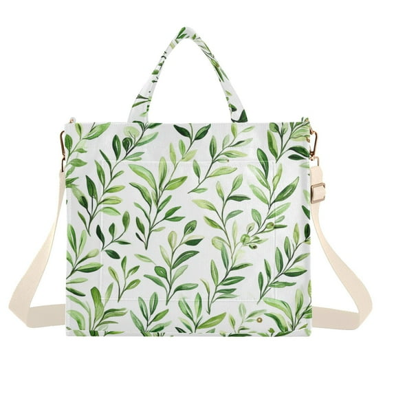 FORMRS Womens Corduroy Tote Bag Crossbody Shoulder Handbag with Pocket, Green Leafy Pattern