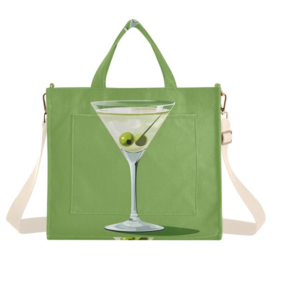 FORMRS Womens Corduroy Tote Bag Crossbody Shoulder Handbag with Pocket, Green Martini Glass