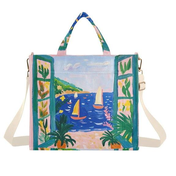 FORMRS Womens Corduroy Tote Bag Crossbody Shoulder Handbag with Pocket, Green Seaside