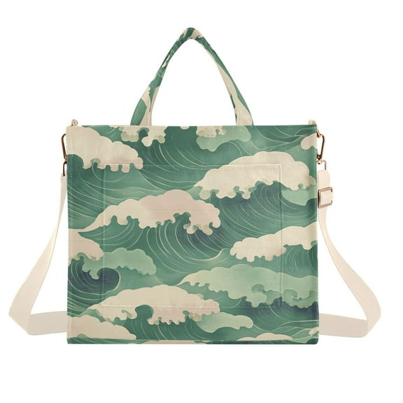 FORMRS Womens Corduroy Tote Bag Crossbody Shoulder Handbag with Pocket, Green Wave Pattern