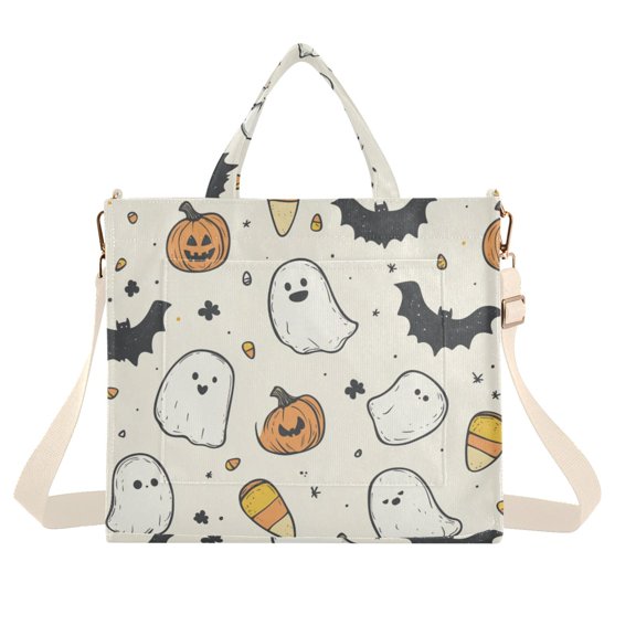 FORMRS Womens Corduroy Tote Bag Crossbody Shoulder Handbag with Pocket, Halloween Happy Ghosts