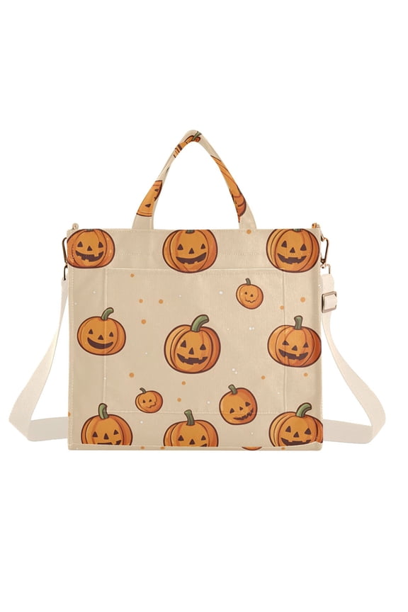 Womens Corduroy Tote Bag Crossbody Shoulder Handbag with Pocket, Halloween Pumpkins Pattern