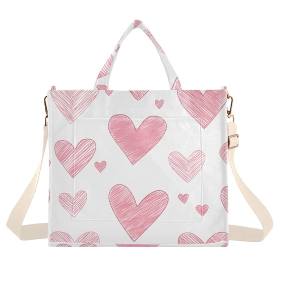FORMRS Womens Corduroy Tote Bag Crossbody Shoulder Handbag with Pocket, Hand Drawn Hearts
