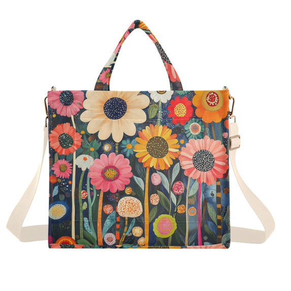 FORMRS Womens Corduroy Tote Bag Crossbody Shoulder Handbag with Pocket, Large Colorful Flowers