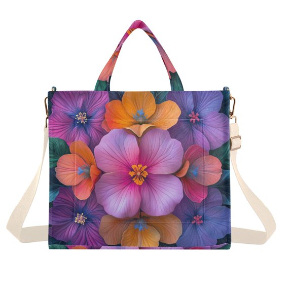 FORMRS Womens Corduroy Tote Bag Crossbody Shoulder Handbag with Pocket, Large Purple Flowers