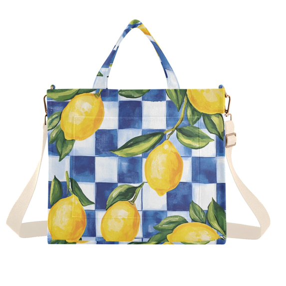 FORMRS Womens Corduroy Tote Bag Crossbody Shoulder Handbag with Pocket, Lemon Checkered