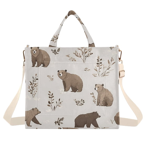 FORMRS Womens Corduroy Tote Bag Crossbody Shoulder Handbag with Pocket, Light Gray Bears