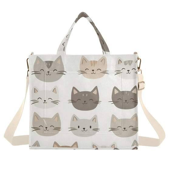 FORMRS Womens Corduroy Tote Bag Crossbody Shoulder Handbag with Pocket, Light Gray Cat Pattern