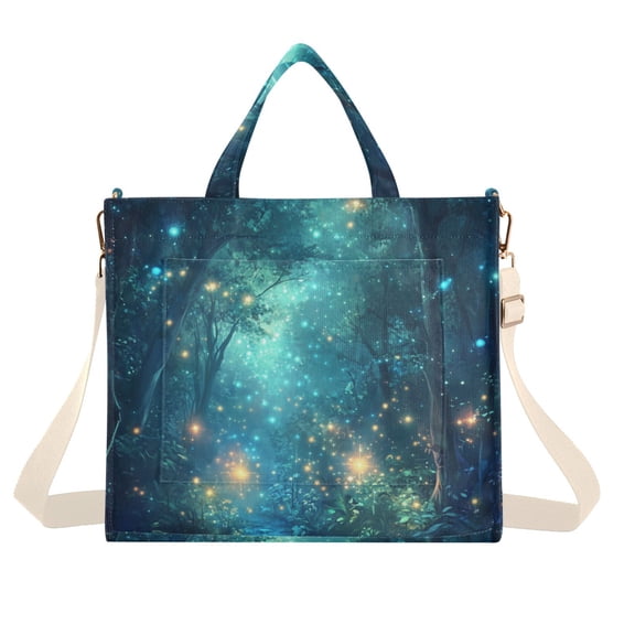 FORMRS Womens Corduroy Tote Bag Crossbody Shoulder Handbag with Pocket, Magical Forest Glowing Lights