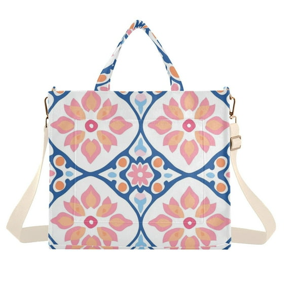 FORMRS Womens Corduroy Tote Bag Crossbody Shoulder Handbag with Pocket, Mosaic Flowers Pattern