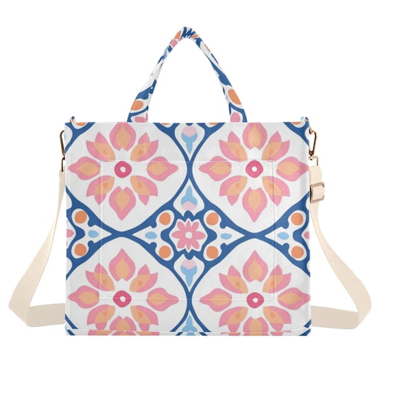 FORMRS Womens Corduroy Tote Bag Crossbody Shoulder Handbag with Pocket, Mosaic Flowers Pattern
