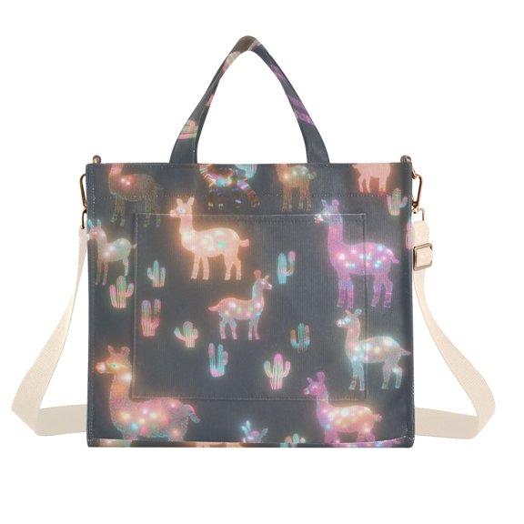 FORMRS Womens Corduroy Tote Bag Crossbody Shoulder Handbag with Pocket, Neon Llamas Pattern