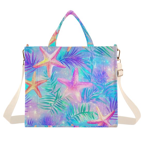 FORMRS Womens Corduroy Tote Bag Crossbody Shoulder Handbag with Pocket, Neon Starfish Pattern