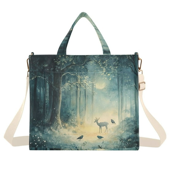 FORMRS Womens Corduroy Tote Bag Crossbody Shoulder Handbag with Pocket, Night Forest Scene