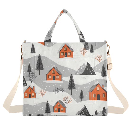 FORMRS Womens Corduroy Tote Bag Crossbody Shoulder Handbag with Pocket, Orange Cartoon Houses