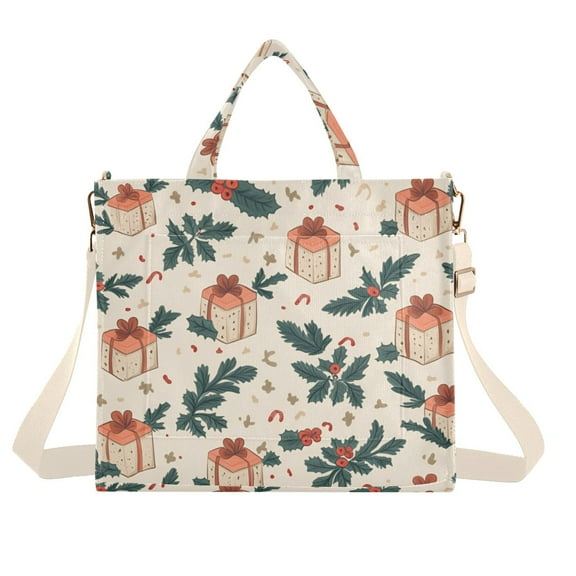 FORMRS Womens Corduroy Tote Bag Crossbody Shoulder Handbag with Pocket, Orange Christmas Gift Pattern