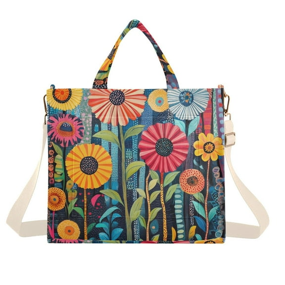 FORMRS Womens Corduroy Tote Bag Crossbody Shoulder Handbag with Pocket, Orange Colorful Flowers