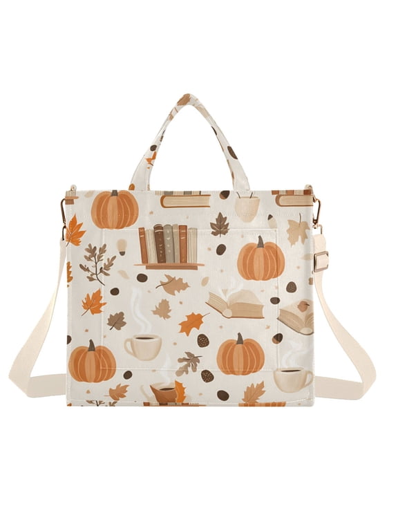 Womens Corduroy Tote Bag Crossbody Shoulder Handbag with Pocket, Orange Fall Pumpkin