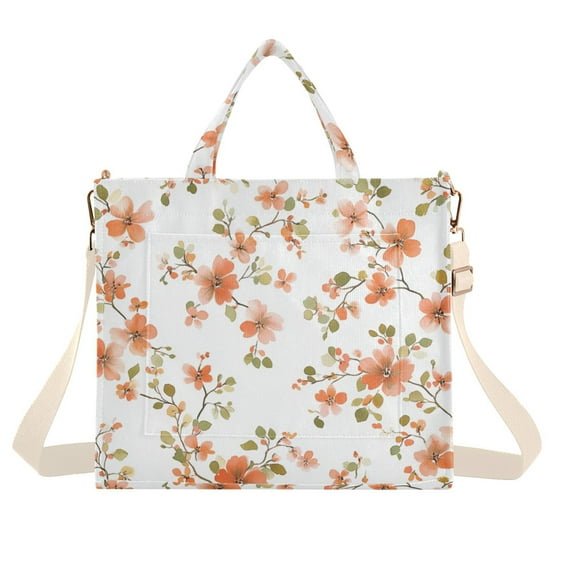 FORMRS Womens Corduroy Tote Bag Crossbody Shoulder Handbag with Pocket, Orange Floral Blooms