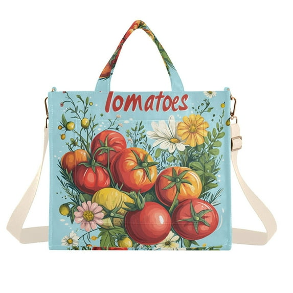 FORMRS Womens Corduroy Tote Bag Crossbody Shoulder Handbag with Pocket, Orange Floral Tomatoes