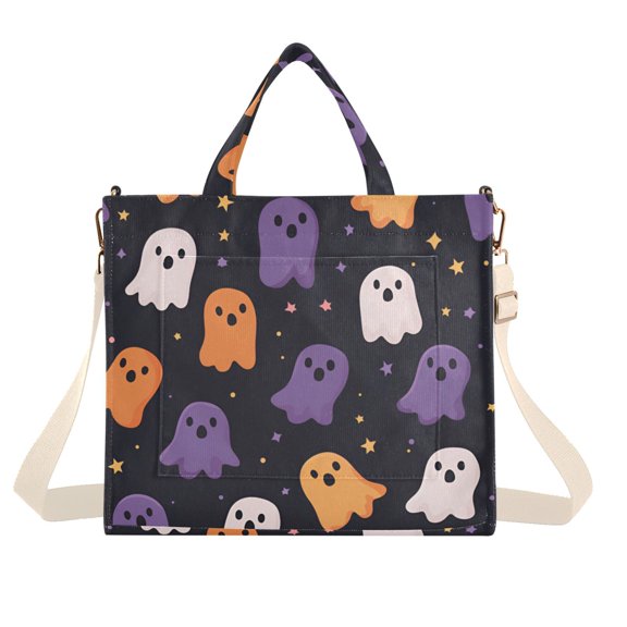 FORMRS Womens Corduroy Tote Bag Crossbody Shoulder Handbag with Pocket, Orange Halloween Ghosts
