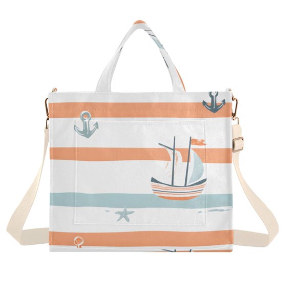 FORMRS Womens Corduroy Tote Bag Crossbody Shoulder Handbag with Pocket, Orange Nautical Pattern