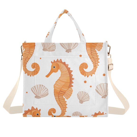 FORMRS Womens Corduroy Tote Bag Crossbody Shoulder Handbag with Pocket, Orange Seahorse