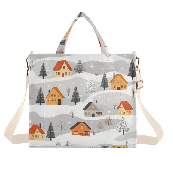 FORMRS Womens Corduroy Tote Bag Crossbody Shoulder Handbag with Pocket, Orange Snow Houses