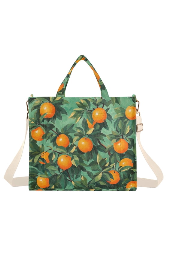 Womens Corduroy Tote Bag Crossbody Shoulder Handbag with Pocket, Orange Tree Pattern