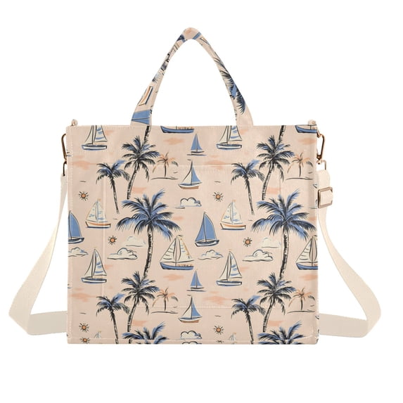 FORMRS Womens Corduroy Tote Bag Crossbody Shoulder Handbag with Pocket, Palm Tree Sailboat Pattern
