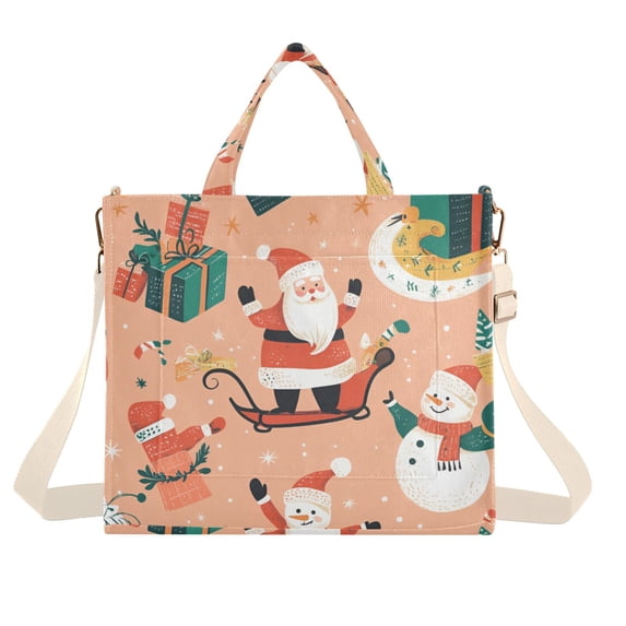 FORMRS Womens Corduroy Tote Bag Crossbody Shoulder Handbag with Pocket, Pink Christmas Santa