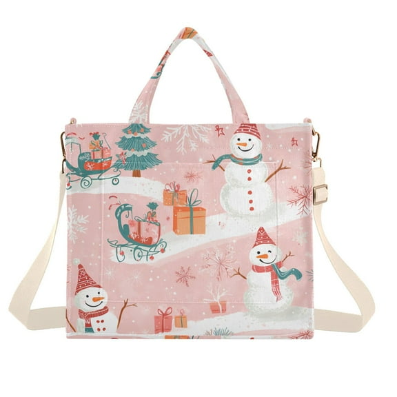 FORMRS Womens Corduroy Tote Bag Crossbody Shoulder Handbag with Pocket, Pink Christmas Snowman