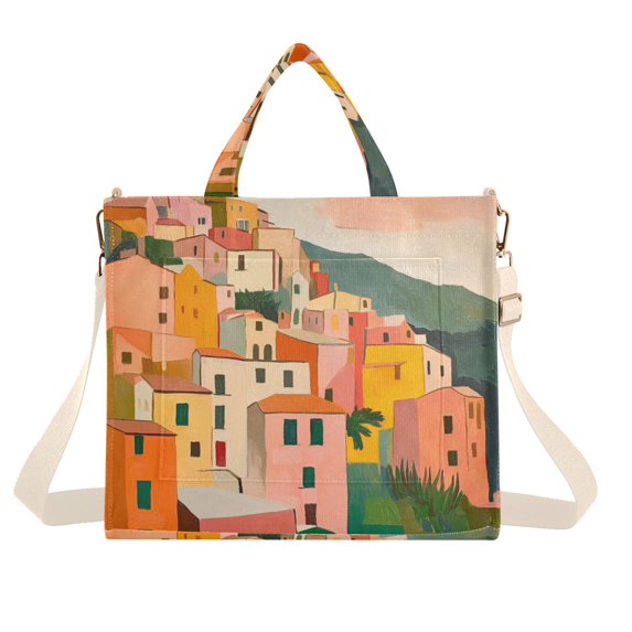 FORMRS Womens Corduroy Tote Bag Crossbody Shoulder Handbag with Pocket, Pink Cityscape Painting