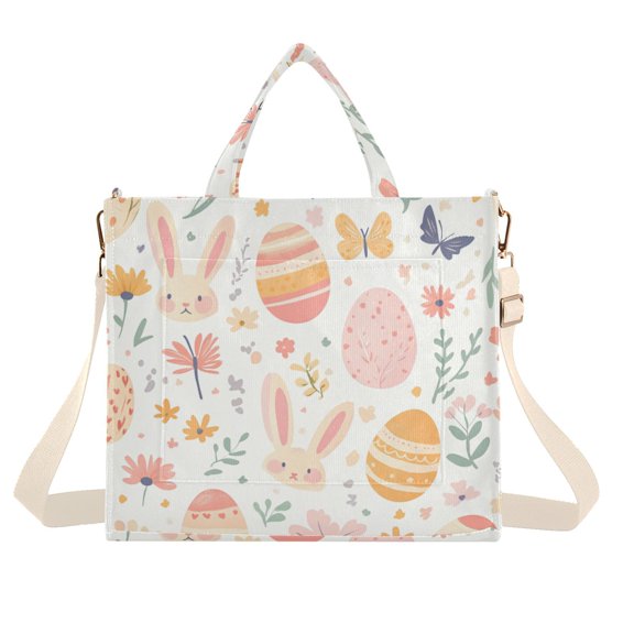 FORMRS Womens Corduroy Tote Bag Crossbody Shoulder Handbag with Pocket, Pink Easter Eggs