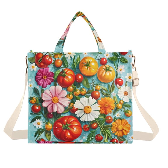 FORMRS Womens Corduroy Tote Bag Crossbody Shoulder Handbag with Pocket, Pink Floral Tomatoes