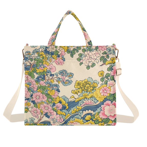 FORMRS Womens Corduroy Tote Bag Crossbody Shoulder Handbag with Pocket, Pink Floral Wave