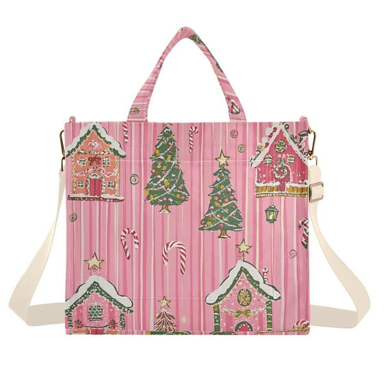 FORMRS Womens Corduroy Tote Bag Crossbody Shoulder Handbag with Pocket, Pink Gingerbread House