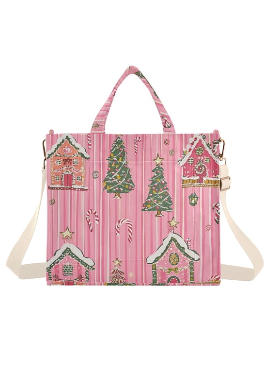 Womens Corduroy Tote Bag Crossbody Shoulder Handbag with Pocket, Pink Gingerbread House